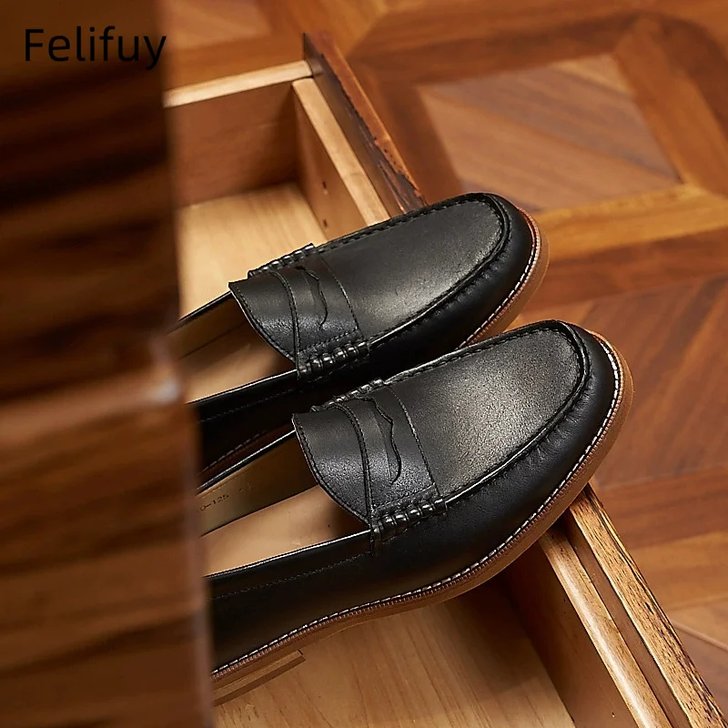 Black High Quality Genuine Leather Flat Shoes Men Round Toe Slip-on Loafers Daily Comfort Outdoor Walk Shoes Man Zapatos Mujer