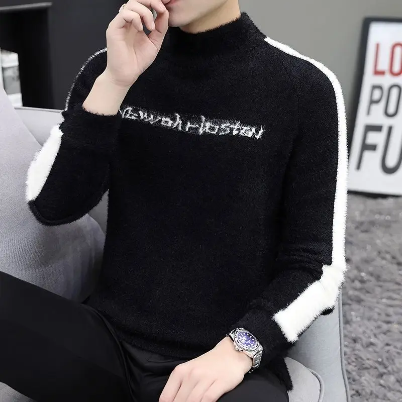 Men\'s Clothing Vintage Pullover Letter Sweater Knitted Long Sleeve Casual Fashion Autumn Winter Crew Neck Contrast Color Tops