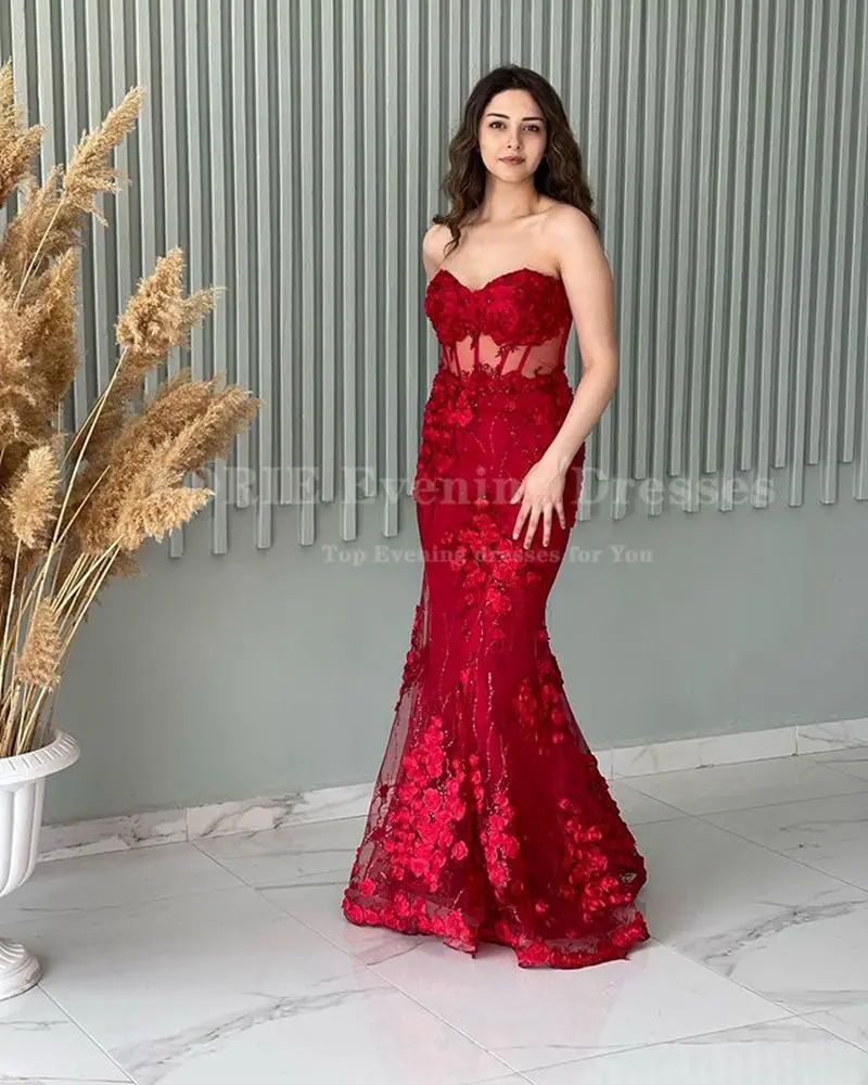 LORIE Burgundy Tulle Mermaid เสื้อคลุม De Soirée เซ็กซี่ลูกไม้ Appliques Sweetheart ชุดราตรีอย่างเป็นทางการผู้หญิง Vestidos De Gala