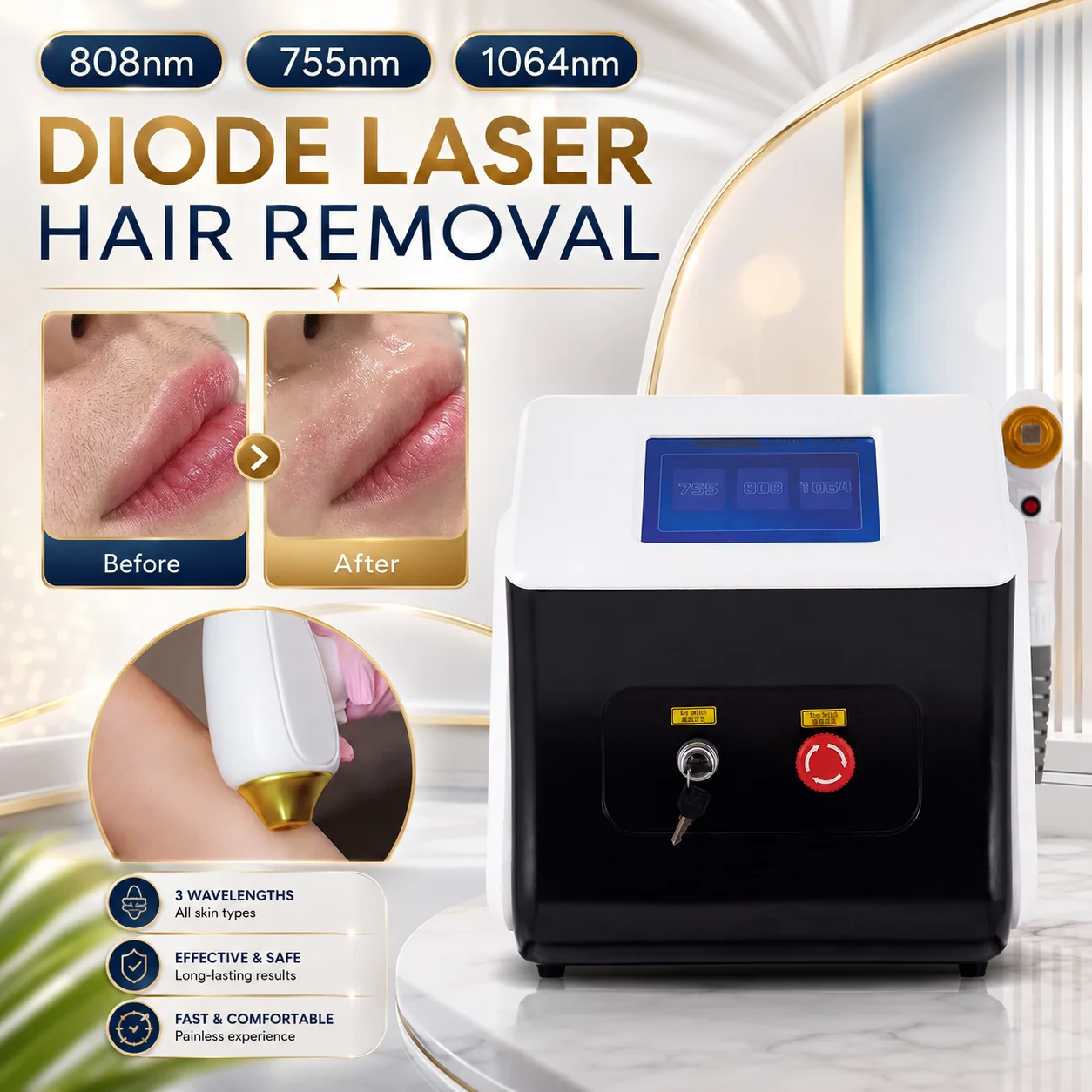 Painless Triple-Wavelength 808nm Semiconductor Hair Removal Device Available In Black Or White Suitable For Beauty Salons