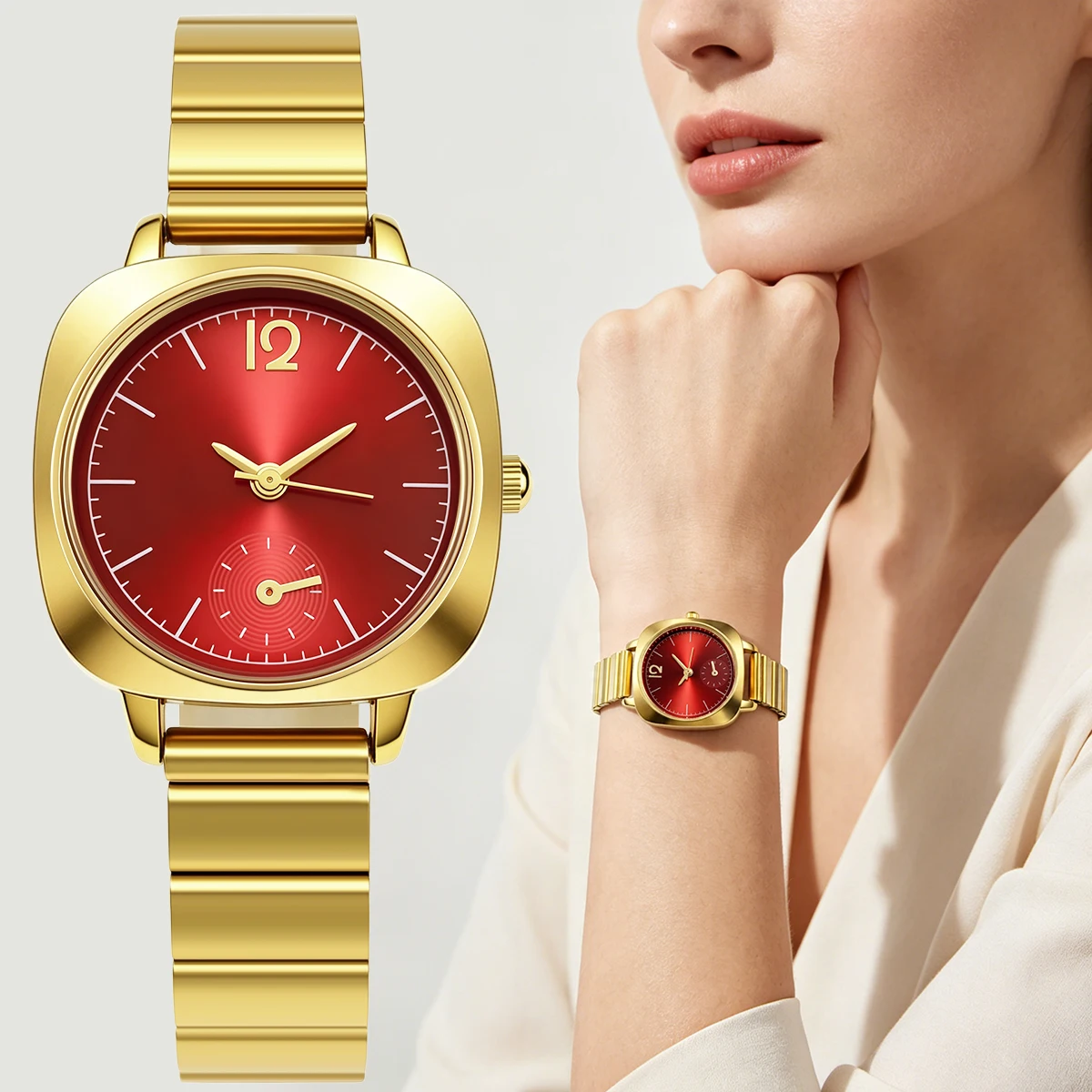 Women Squarerounded Quartz Wrist Watch Gold Metal Steel Band Ladies Fashion Dress Wristwatches