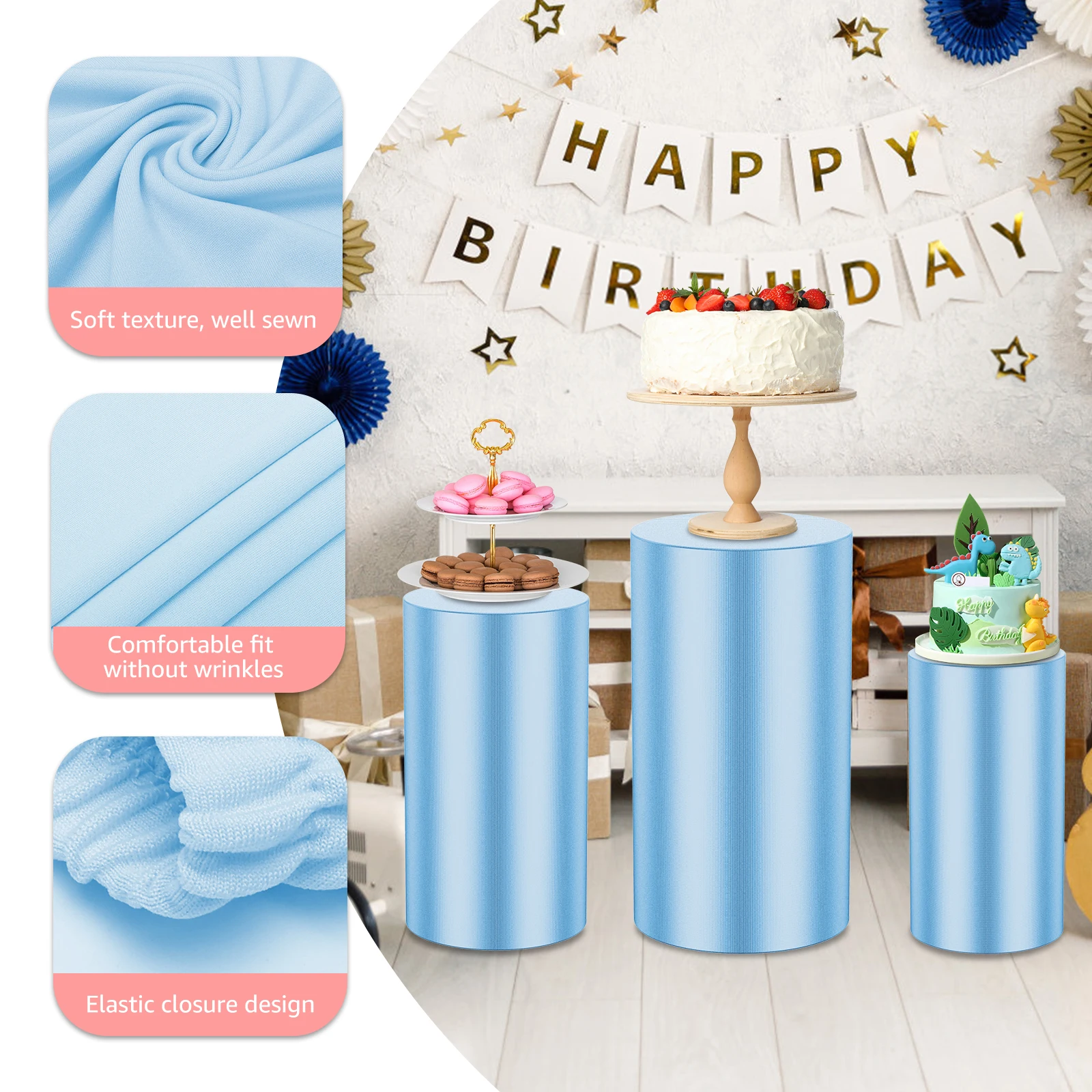 3Pcs Cylinder Pedestal Plinth Cake Stand Reusable Dessert Table Display Pillars Cover for Birthday Party Wedding Props Decor