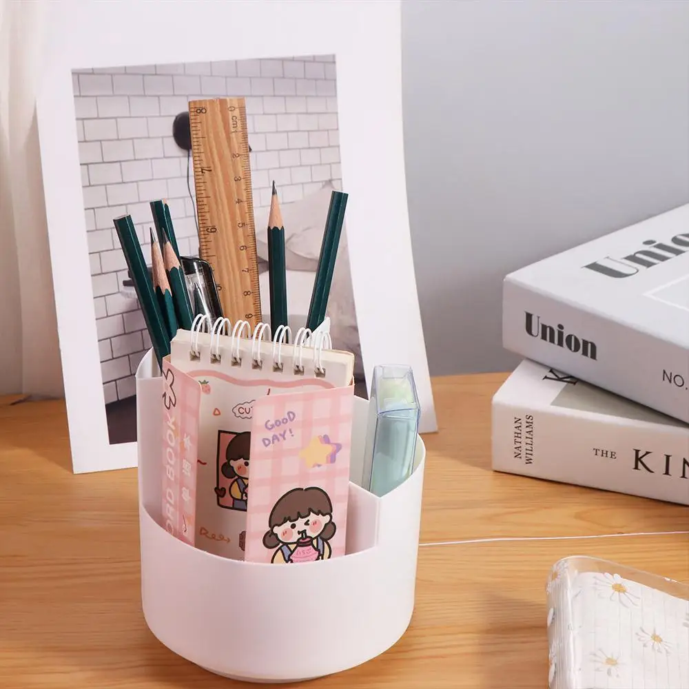 Stationery Organizer 360° Rotating Pen Holder Storage Box 3-Grid Makeup Brush Holder Dust-proof Waterproof Rotatable Pen Holder