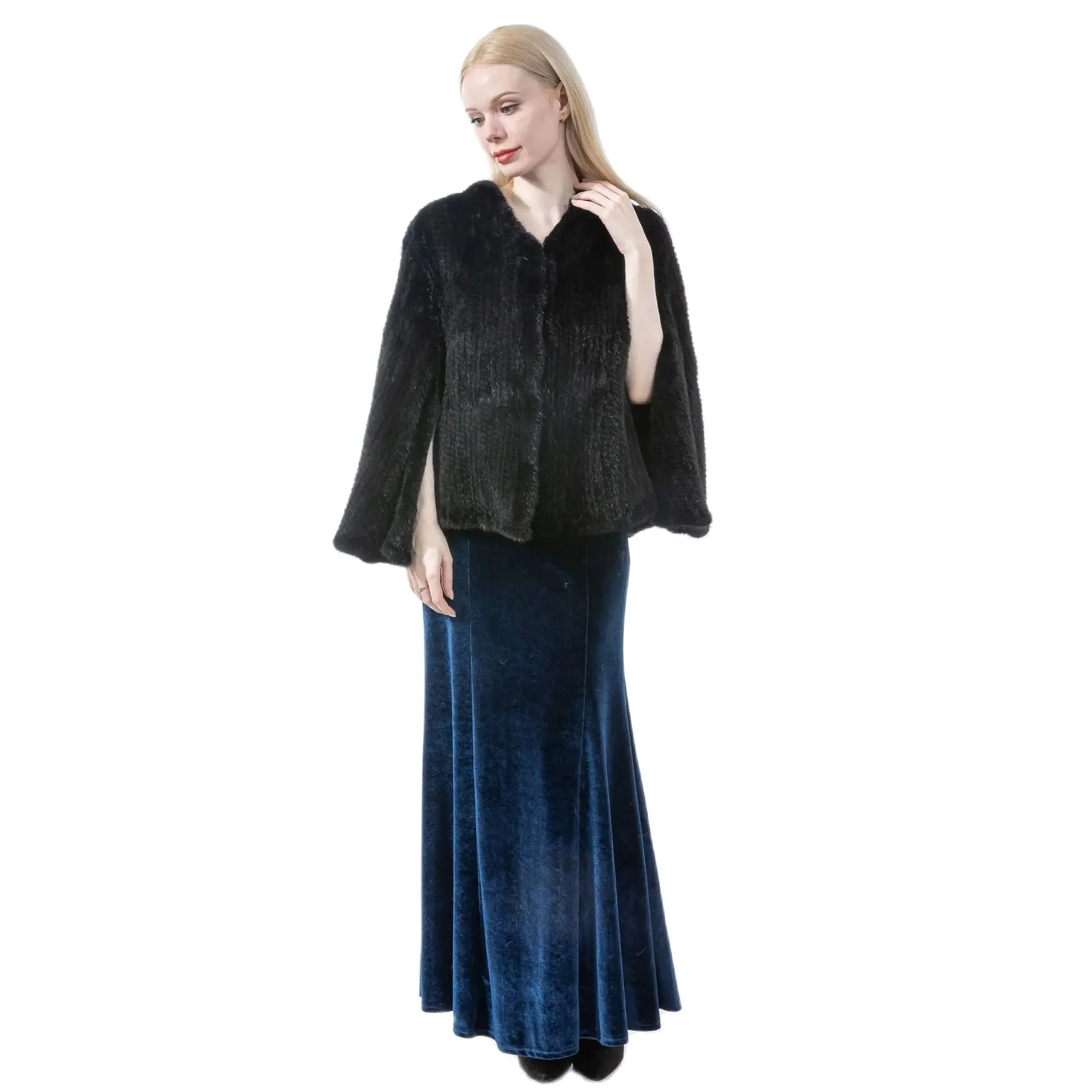 women real natural mink fur knitting shawl for party wedding black elegant Lady Fashion Stripe Zipper Plus Size Poncho Capes