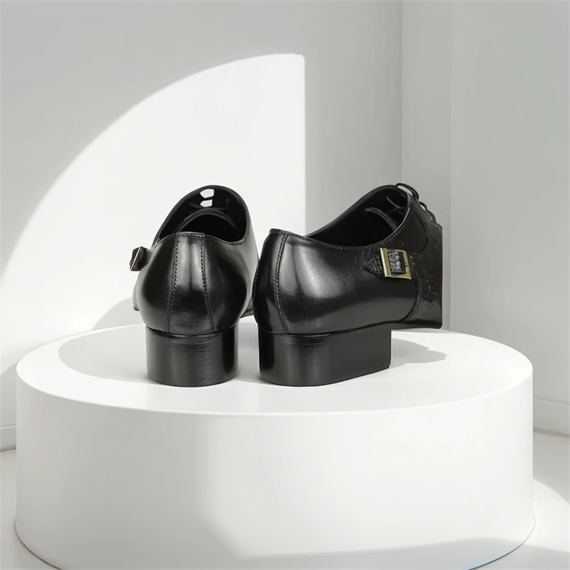 فستان أحذية الرجال جلد العجل الدانتيل يصل مشبك حزام أسود أشار تو أحذية الزفاف الرسمية الأعمال اليدوية #5