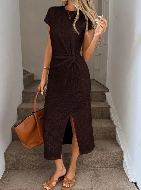 

Vintage Brown Short Sleeved Waist Cinched Slit Mid Length Elegant Women's Dress