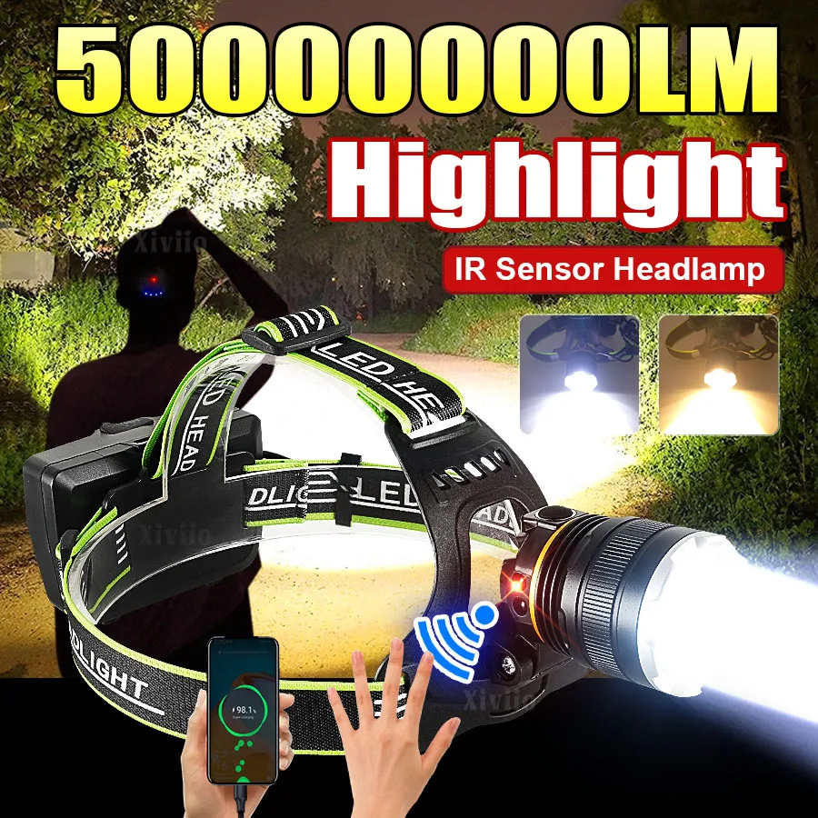 

2026 Новейший мощный налобный фонарь, белый свет/желтый свет, ИК-сенсор, фара, мощный налобный фонарик, 4 режима, фонарь для рыбалки