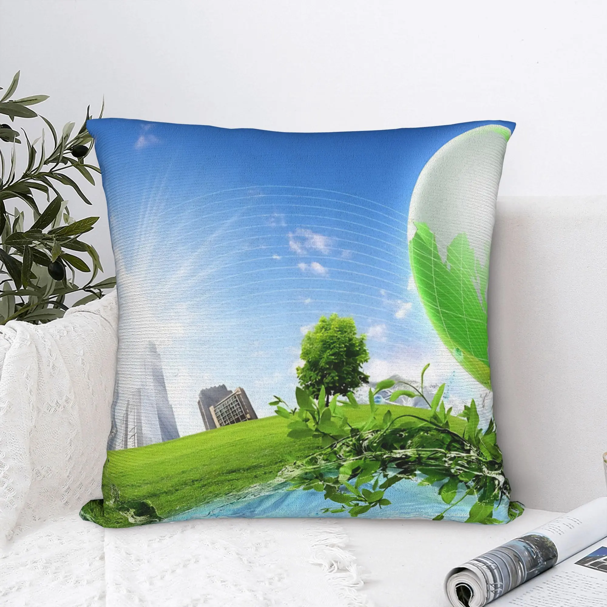 Frutiger Aero Global Nature City Square Pillow Covers Polyester Car  Cushion Cover Creative Decor Pillowcase 40*40