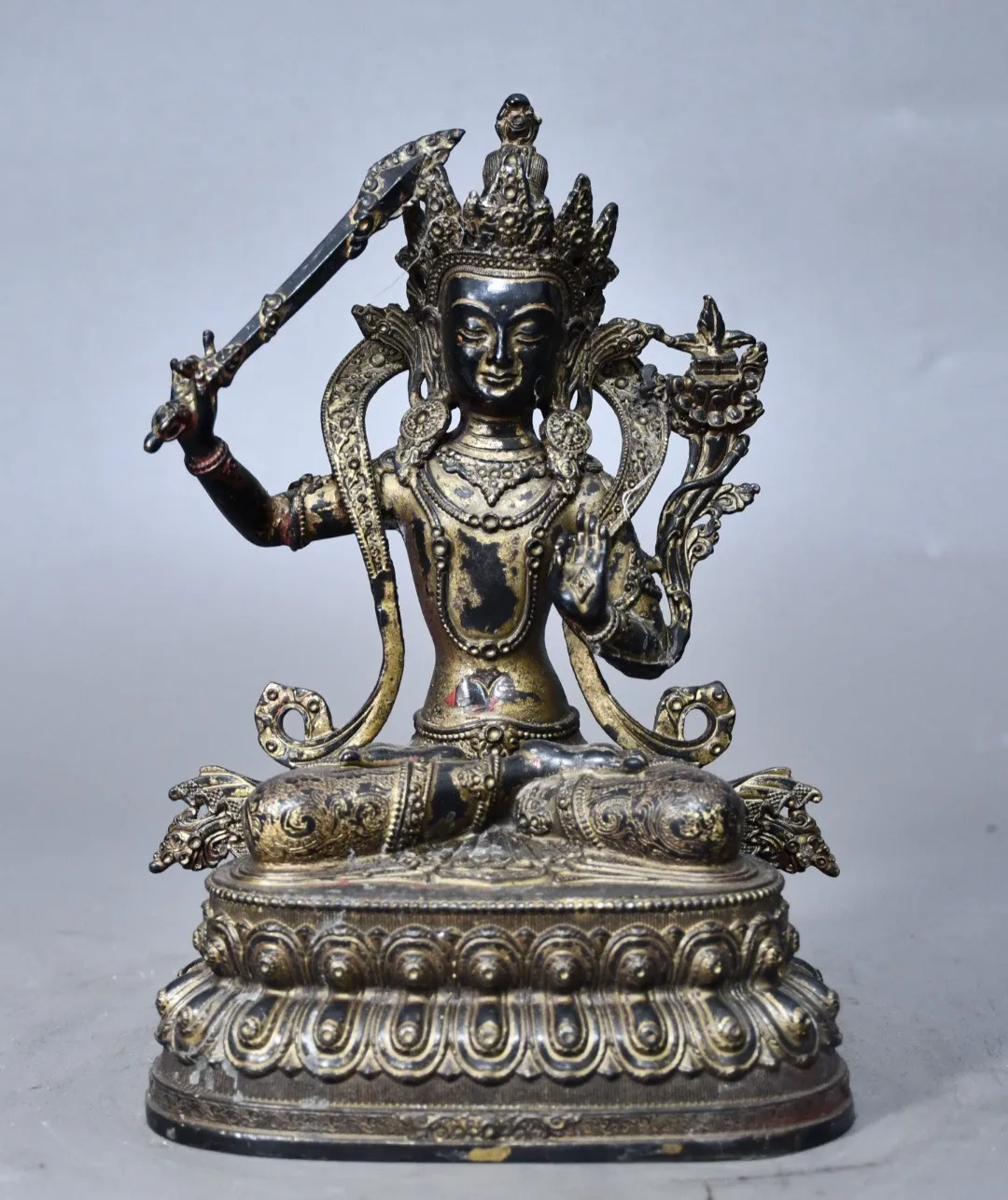 Chinese Antique Tibetan Sword-Wielding Manjushri Bodhisattva Aged Brass