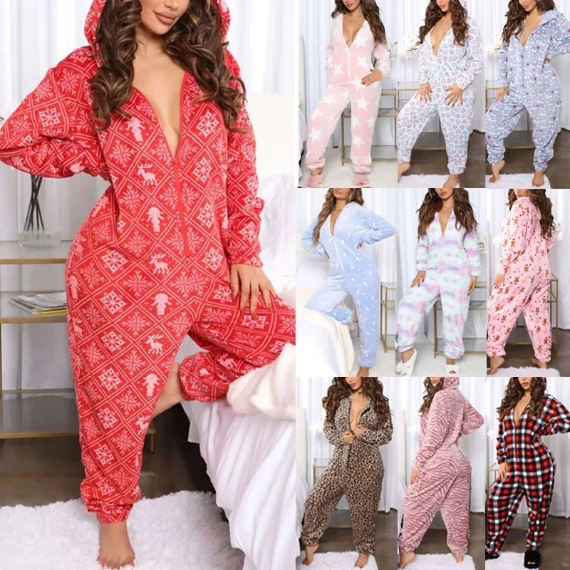 Women\'s Leopard Flannel Thickened Christmas Jumpsuit Autumn Winter 2023 Hooded Zipper Long Sleeve Casual Loose Pajamas Sleepwear