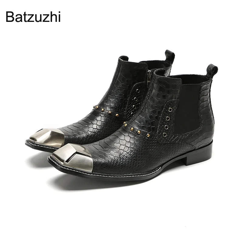 

Batzuzhi Black Genuine Leather Ankle Boots for Men Western Cowboy Men Shoes Fashion Iron Toe Zip Boots Male, 38-46