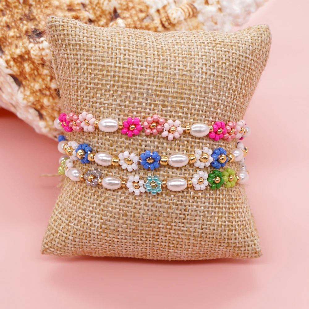 1PC Dainty Bead Bracelets Tiny Miyuki Seed Cute Daisy Flower Stack Imitation Pearls Chain For Women Girl Boho Holiday Gift