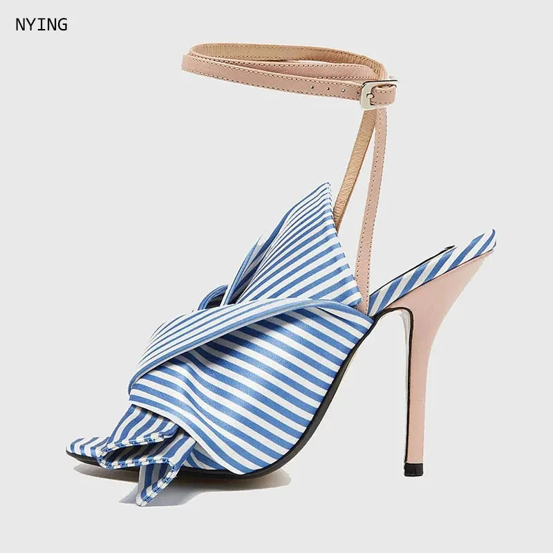 

Summer Ankle Buckle Strap Denim Sandals Women's Flower Pointed Toe Thin Heels Shoes Party Prom Sandalias Mujer 44