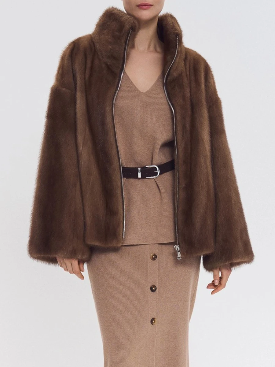 LIMO Women Brown Faux Mink Fur Jacket Stand Collar Zip Up Short Winter Warm Coat