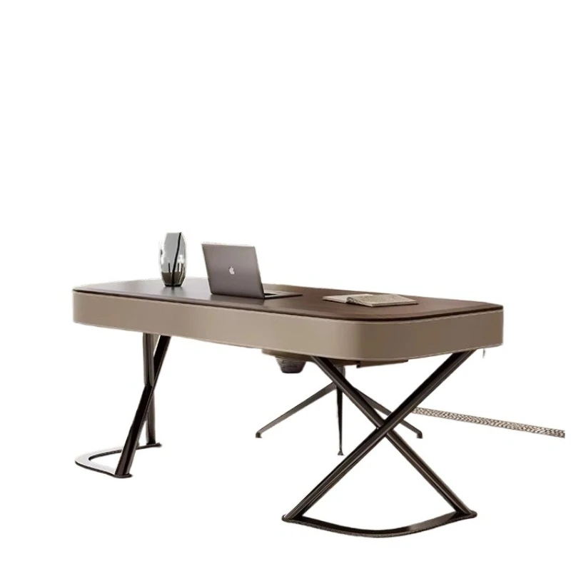 

High-end solid wood desk light luxury modern simple study walnut leather office computer desk