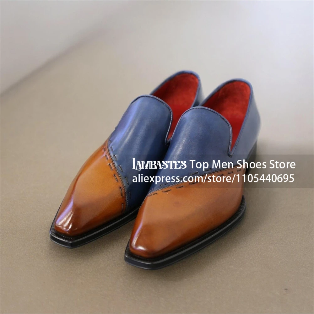 Handmade Contrast Stitching Loafers Two Color Patina Leather No Lace Formal Dress Shoes Artistic Color Block Business Men Shoes