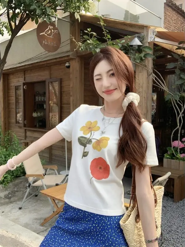 

Early Spring Fashion Plant Print T-Shirt Skirt Set Women's Slimming Two-Piece Ensemble Moisture-Wicking Short Sleeve round Neck