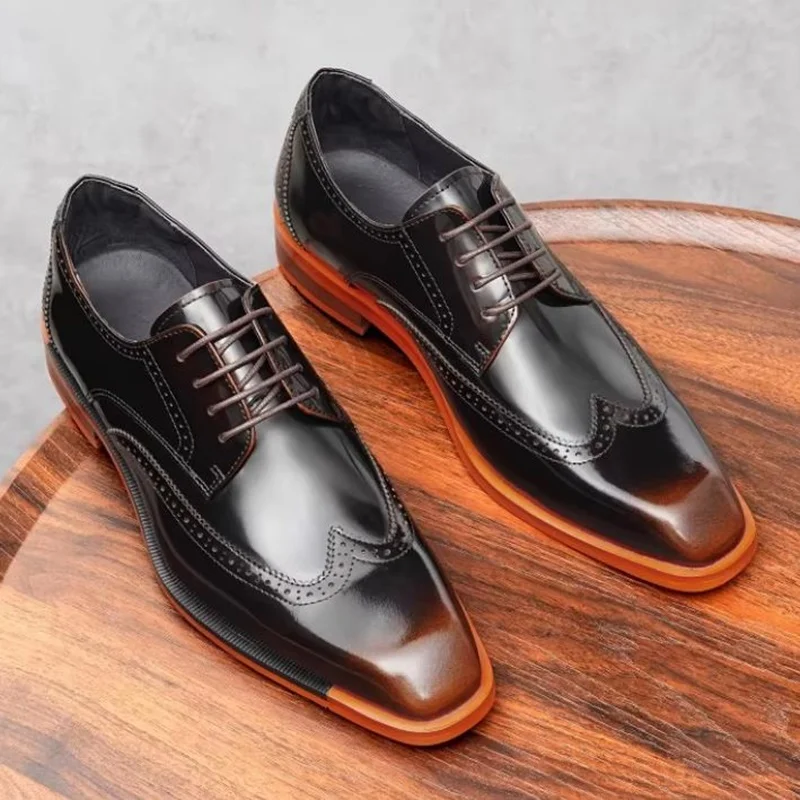 New Style Lace-up Square-toe Business Formal Leather Shoes For Men Brogue Carved Derby Shoes Mens Party Wedding Dress Shoes