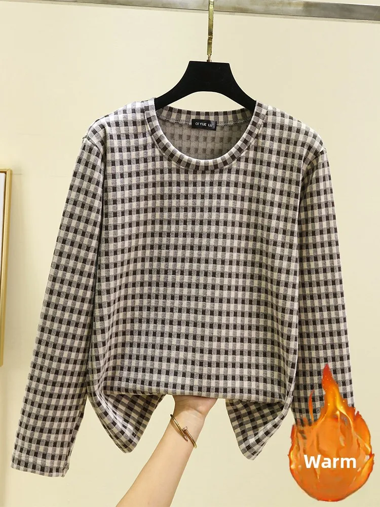 

Thiened Fce Warm Plaid round Ne Loose Women's T-irt Home Clothes Spwear Top plus Size Winter Thermal irt
