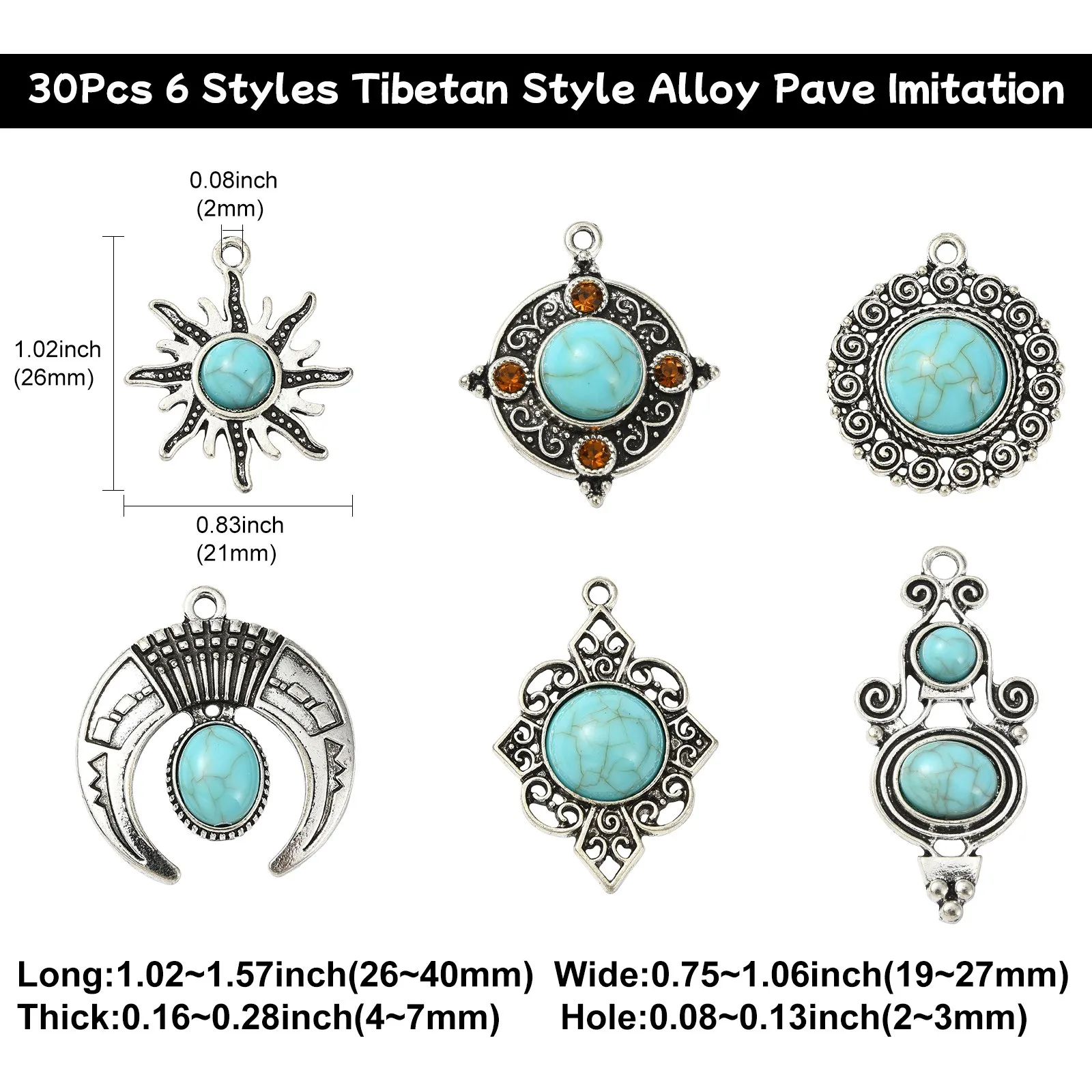 30 قطعة 6 أنماط الفيروز التبتي سحر بوهو موضوع العتيقة الفضة الغربية دلايات DIY بها بنفسك صنع المجوهرات أساور القلائد