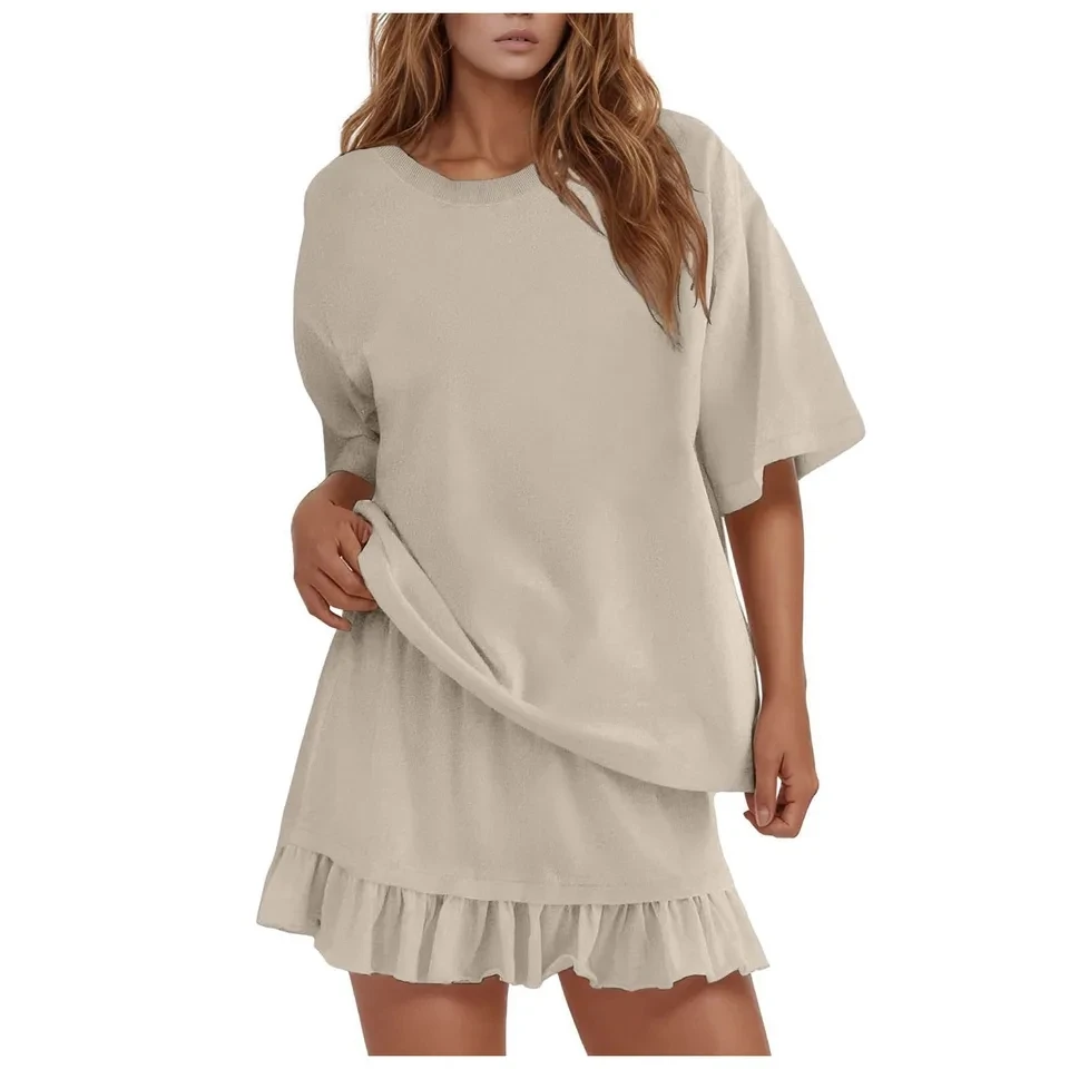 

Two Piece Skirt Sets For Women 2026 Summer New Short Sleeve Tops Flowy Ruffle Mini Skirts Set Casual Solid Vacation Outfits