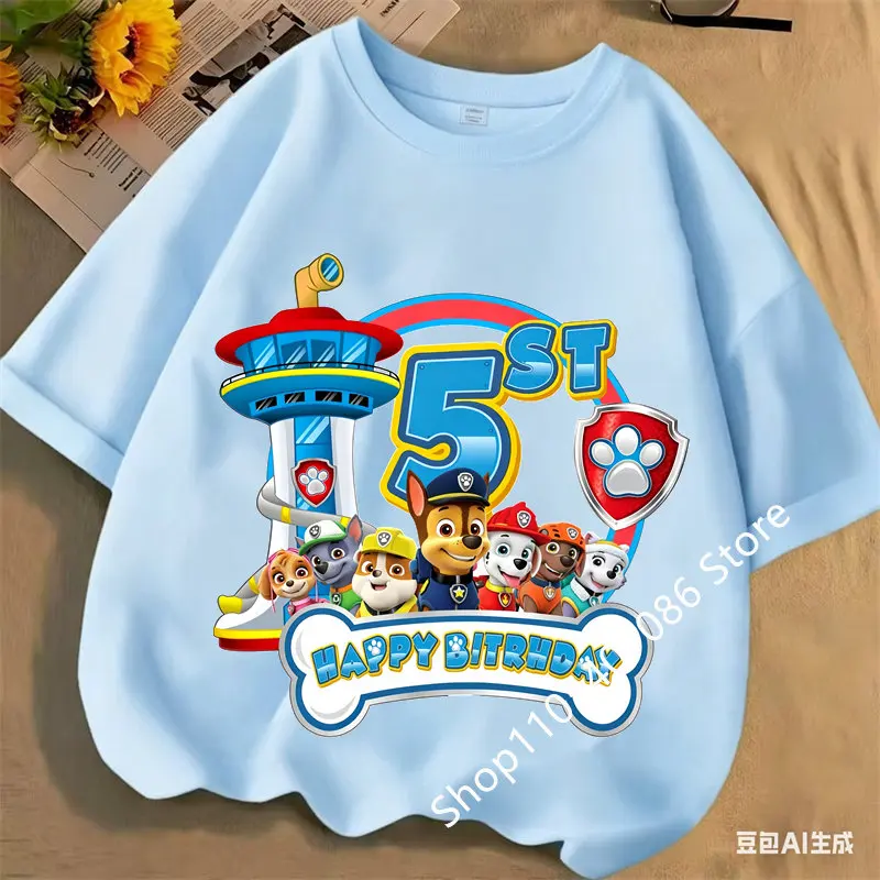 Paw Patrol blue T-shirts for Boys Anime Cartoon Cute Birthday Clothing Children Summer Fashion Short Sleeved Shirt Kids Clothes