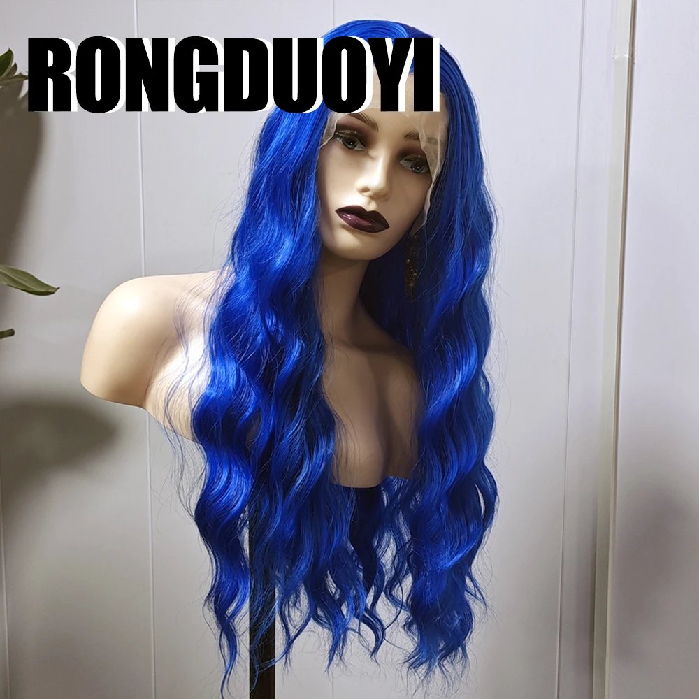 RONGDUOYI Blue Synthetic Wig Body Wave Lace Front Wig Loose Wave Royal Blue Color Heat Resistant Women Cosplay Use Makeup Wigs
