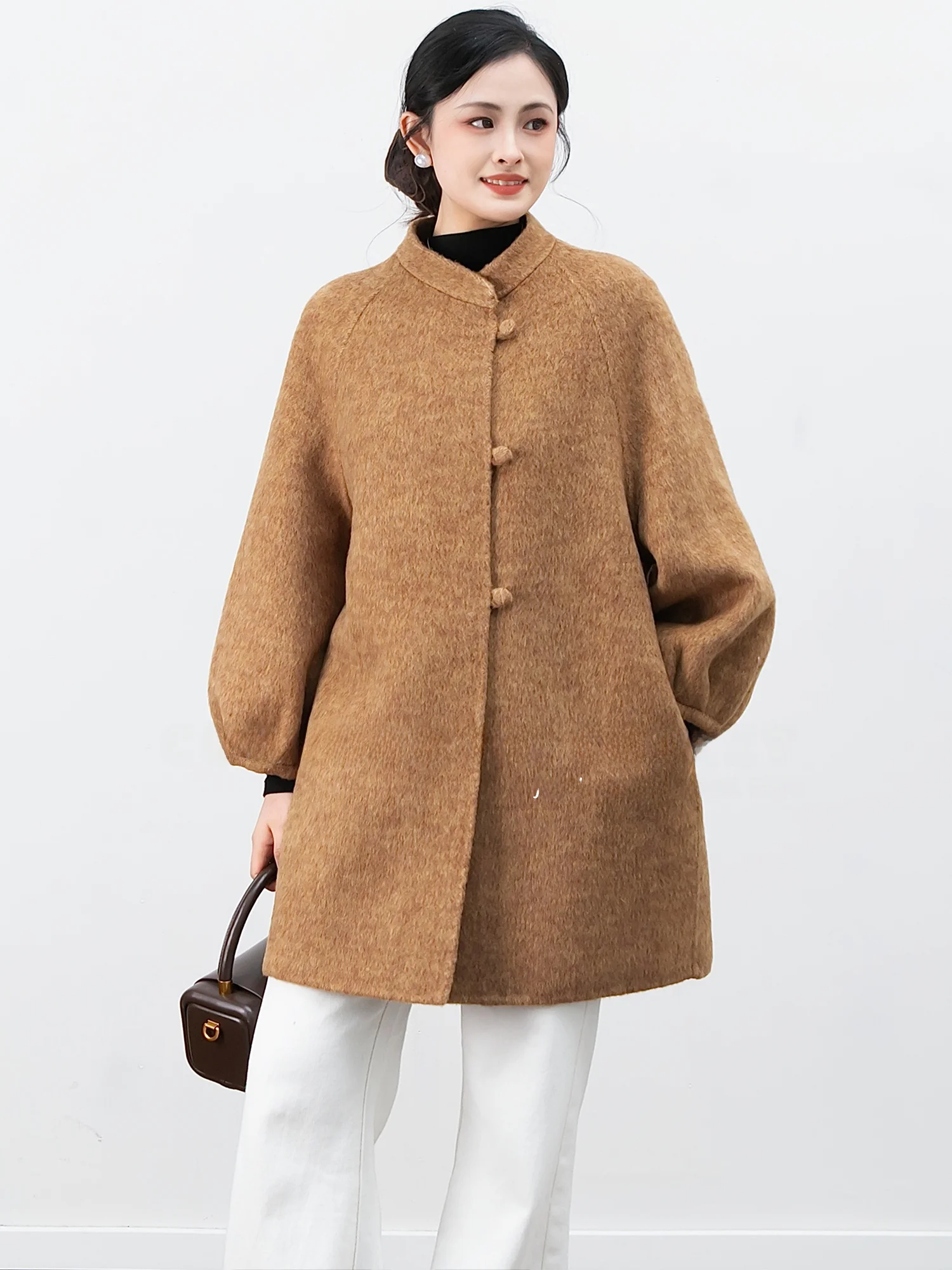 

Chelzy Korean mat Double-Faced Woolen Coat Women's Mid-Length Ele Aosphere Outerwear Straight Hem Loose Fit Warmth