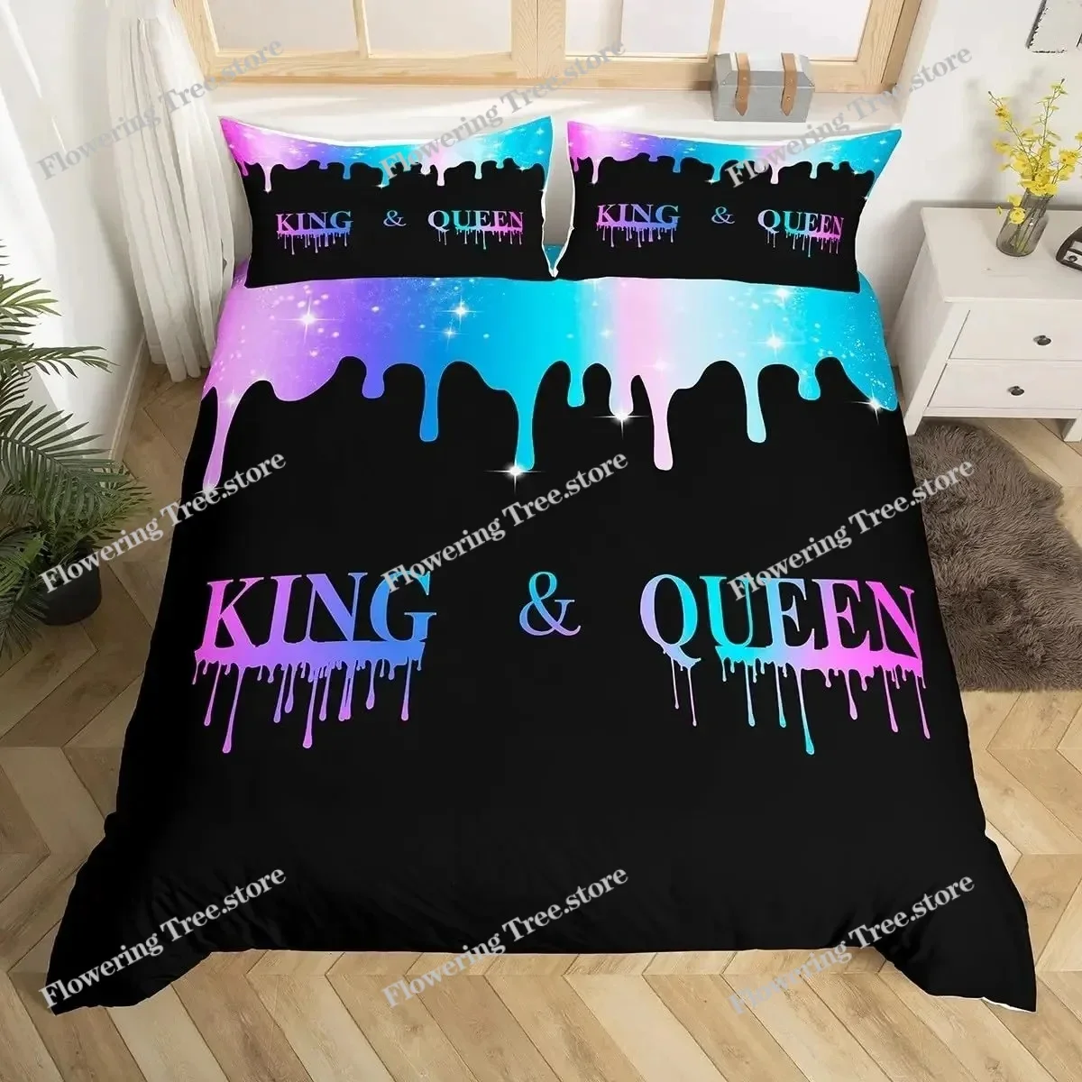 Gold Crown Duvet Cover for Lover Couple King Queen Bedding Set Mr Mrs Comforter Cover Anniversary Quilt Cover