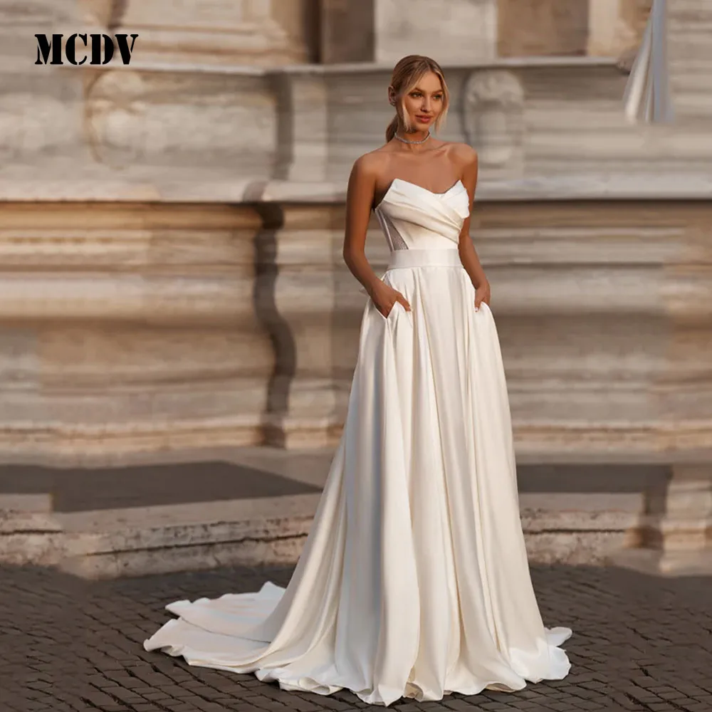 

MCDV A-Line Vintage Wedding Dresses 2025 Strapless Pleat Satin Elegant Bridal Dress White Wedding Ball Prom Gowns Customized