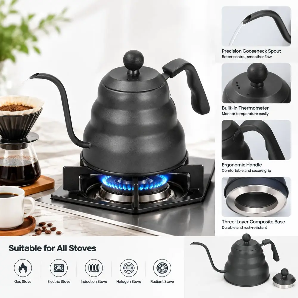 PTFE Coated Coffee Kettle 3-Layer Composite Base Stainless Steel Gooseneck Kettle 1L/1.2L Capacity Fine Mouth Pour Over Kettle