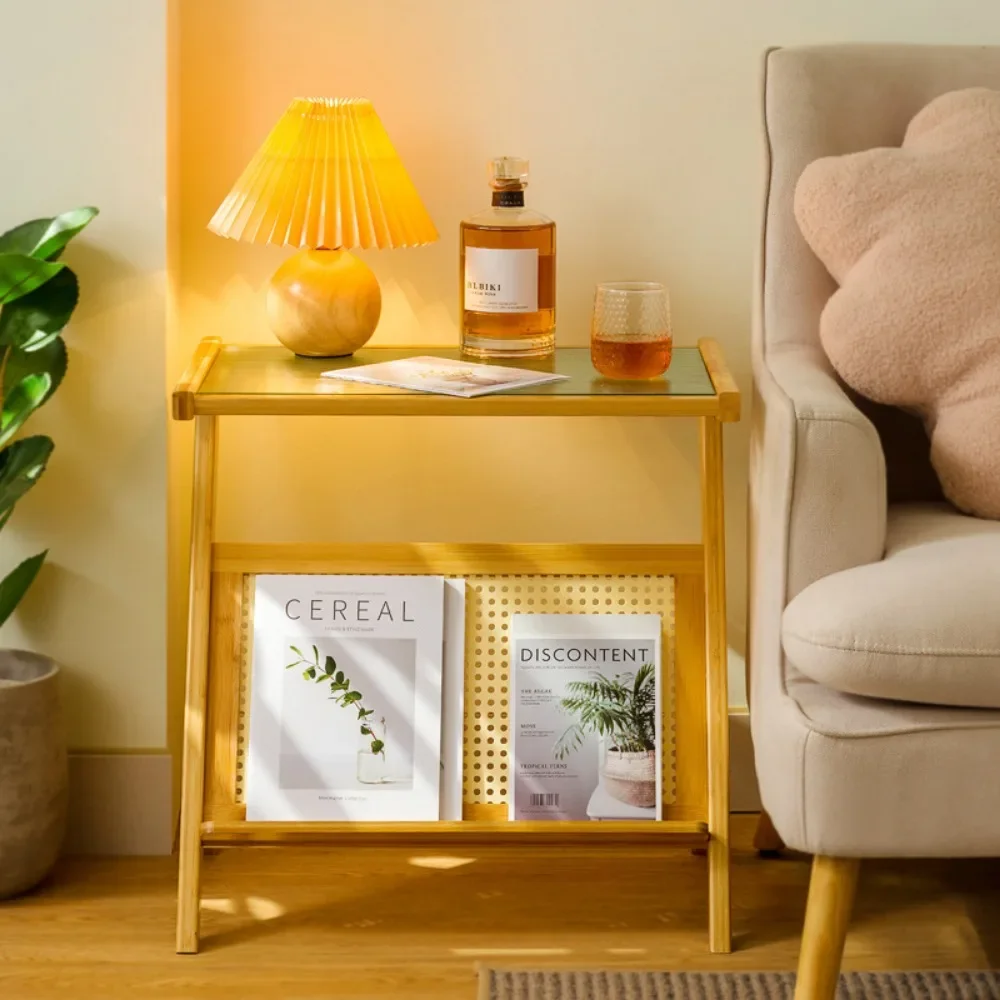 Z Shaped Coffee Tables Small Side Table For Living Room Bamboo End Table With Glass Top Magazine Rack Household Sofa Side Desk