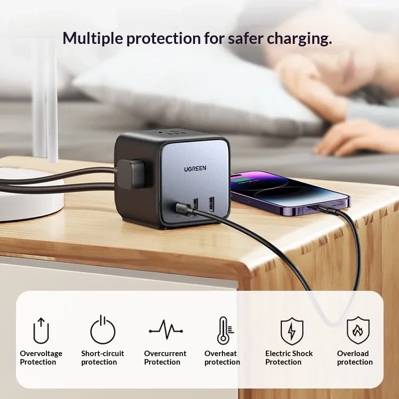 UGREEN 15525 GaN Power Strip 30W USB-C 2 USB-A 3 AC Outlets 1.8m Cord PPS PD Fast Charging for Desk Laptop Phone Tablet