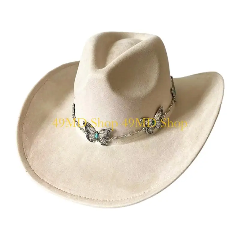 49MD Fashion Fedoras Hat with Butterfly Chain Wide Brims Sunproof Costume Hat for Music Festival Holiday Celebration Essential