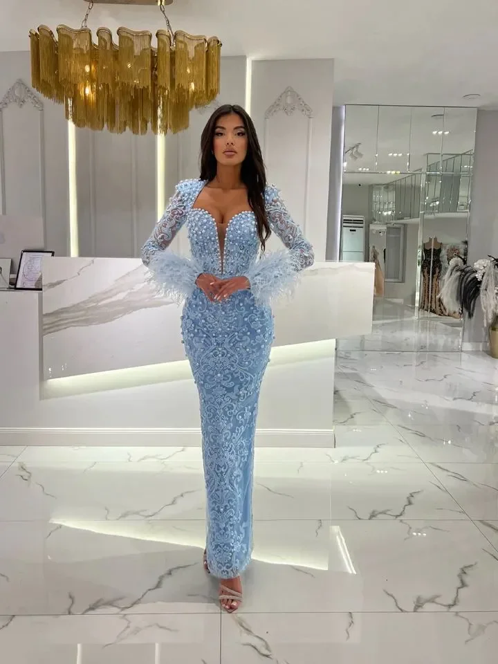 Gorgeous Pearls Blue Mermaid Evening Dresses Lace Applique Long Sleeves Prom Dress feathers Cuff Formal Fresses For Customized