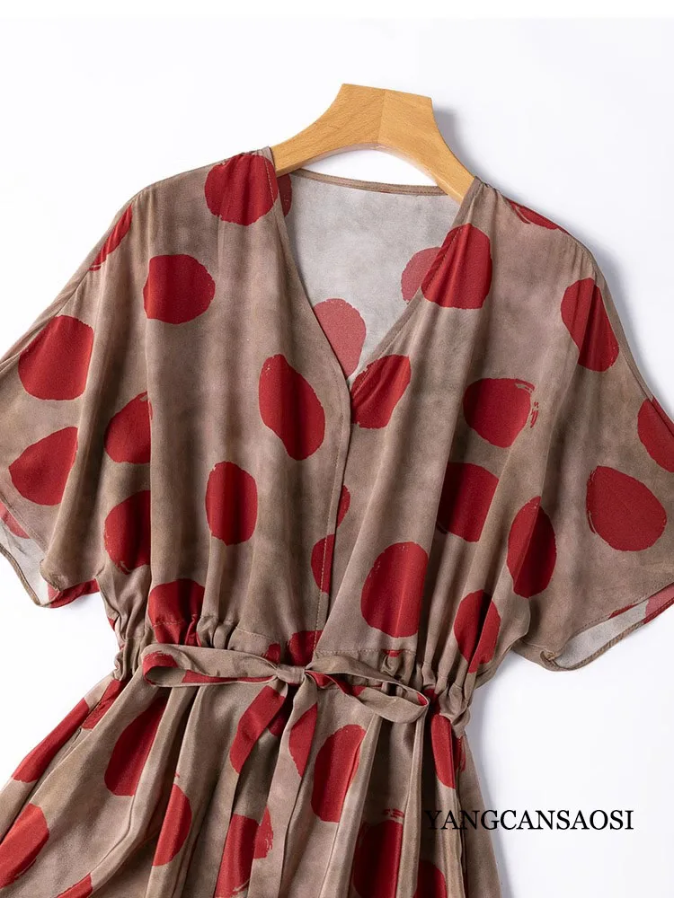 Artistic Polka Dot Artistic Ink Printing Dyeing 100% Natural Mulberry Silk Crepe De Chine V-neck Loose Drawstring Waist Dress