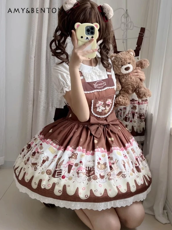 

Japanese Kawaii Cartoon Print Jsk Tutu Dress Women Sweet Cute Bow High Waist Mini Dress Summer Daily Lolita Original Dresses
