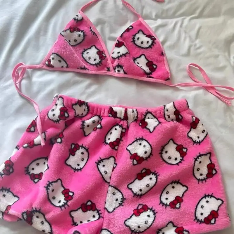 Sanrio Hello Kitty Pajamas2 Piece Set Anime Kawaii Women's Home Underwear Home Clothes Summer Beach Wear Bra Shorts Girls Bikini