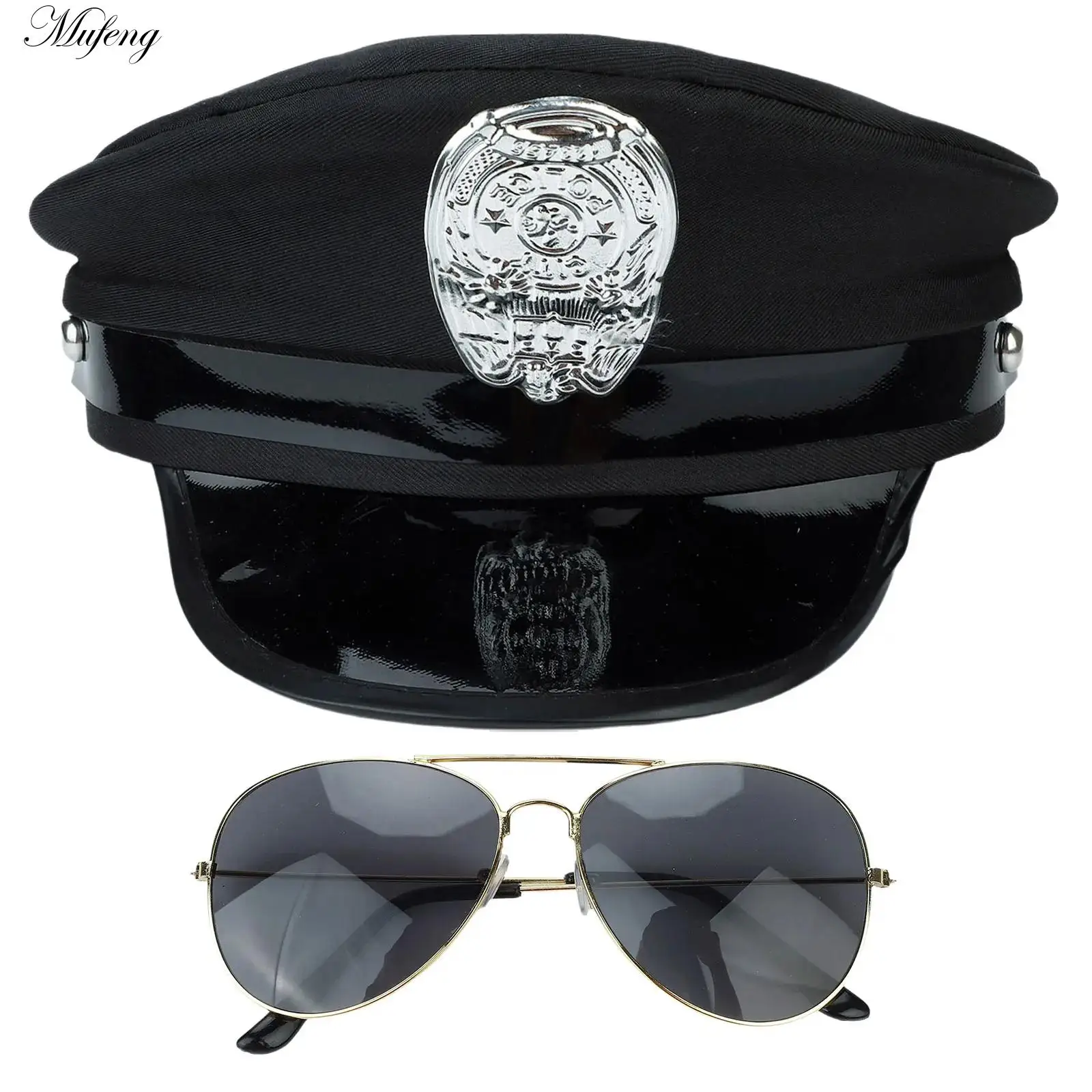 Creative Octagon Police Cap Classic Adults Police Hat Military Hat with Glasses Set For Party Cosplay Stage Show Masquerade Cap