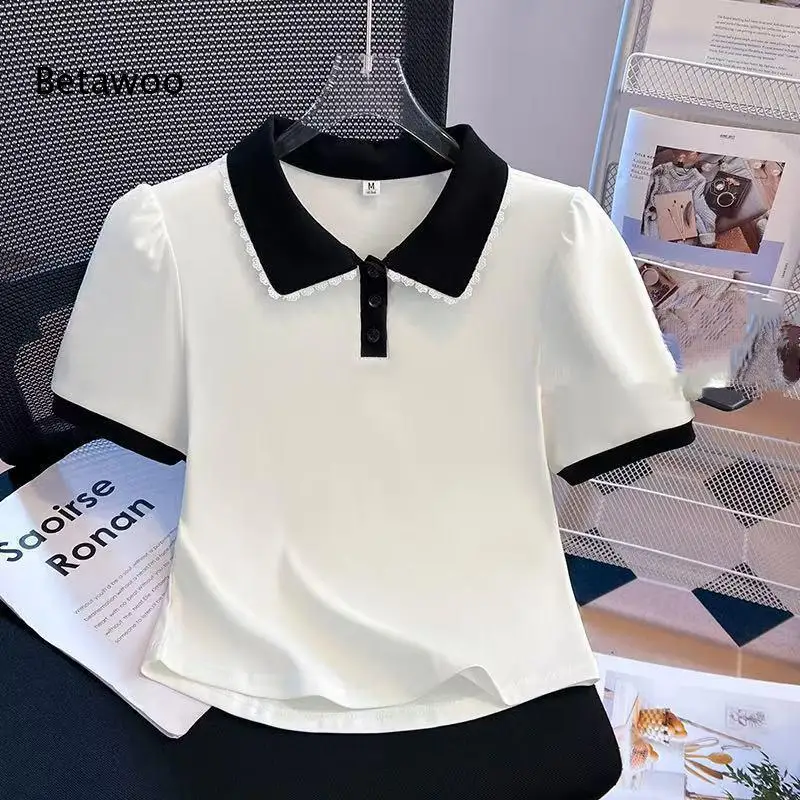 Women Color Block Polo Collar Short Sleeve T Shirt Lace Trim Contrast Collar Button Front Curved Hem Casual Tops