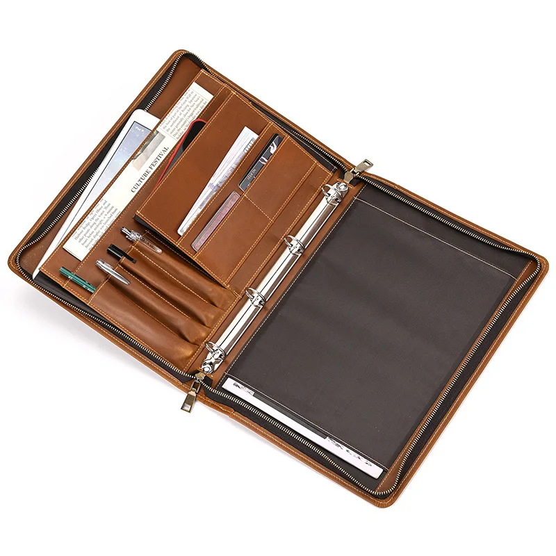 Multifunction A4 Crazy Horse Genuine Leather Padfolio Portfolio Men File Folder Phone Document Holder Organizer Executive Briefc