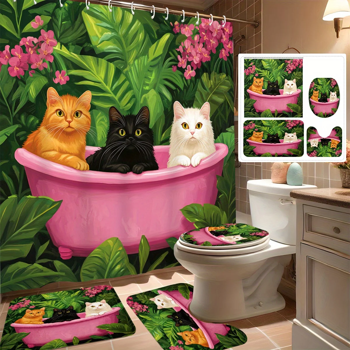 

4pcs Shower Curtain Set, Cute Three Cats Bathtub Design, Modern Bathroom Decor, Includes 12 Hooks, Non-Slip Bath Mat, U-Shap