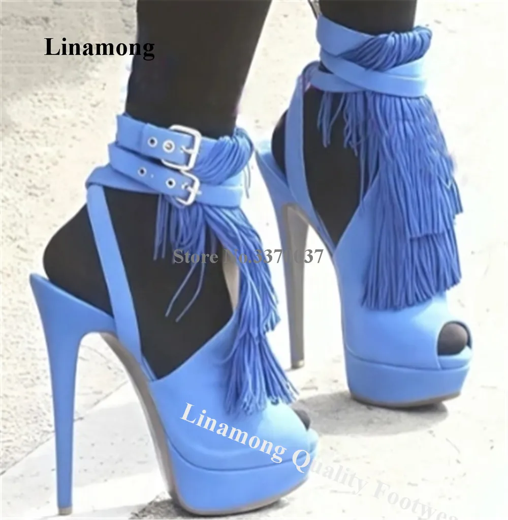 

Charming Suede Leather Long Tassels Stiletto Heel Gladaitor Sandals Sexy Peep Toe Blue Pink Fringes Platform Thin Heel Sandals