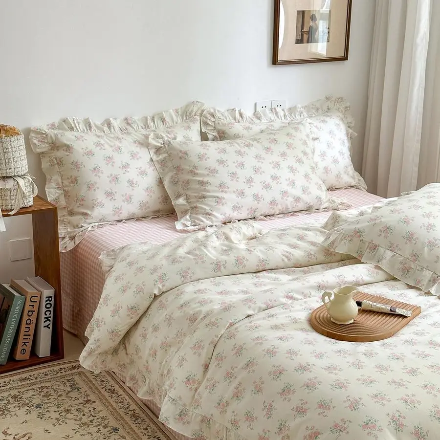 

Pink Floral Duvet Cover Set Queen Size 100 Cotton Ruffle Lace Bedding Set for Girls, Romantic Cottagecore Style Duvet Cover with