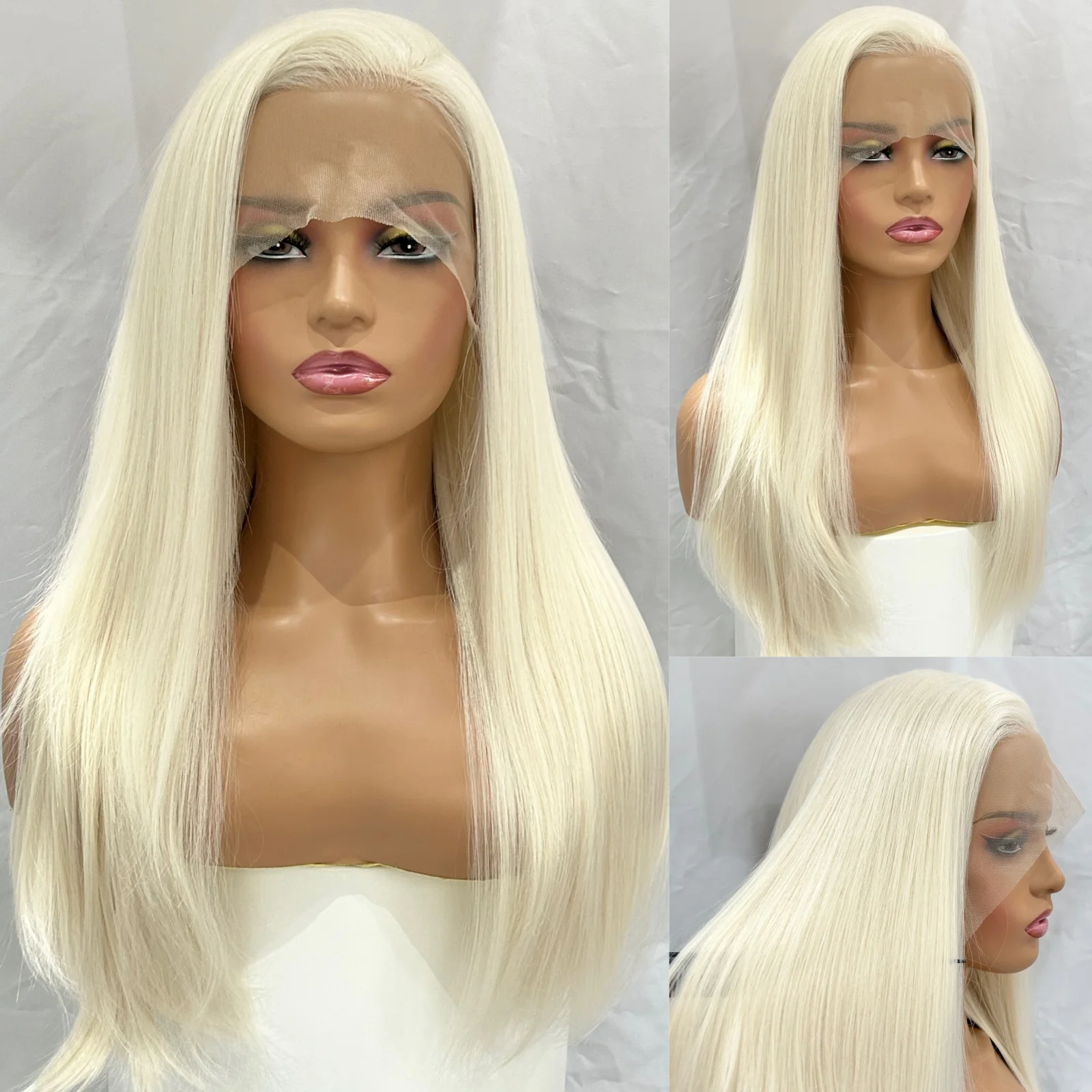 

Natural Wavy Long Platinum Blonde Synthetic Lace Front Wigs for Women Free Part White 60 Blonde Long Straight 13X4 Pre Plucked
