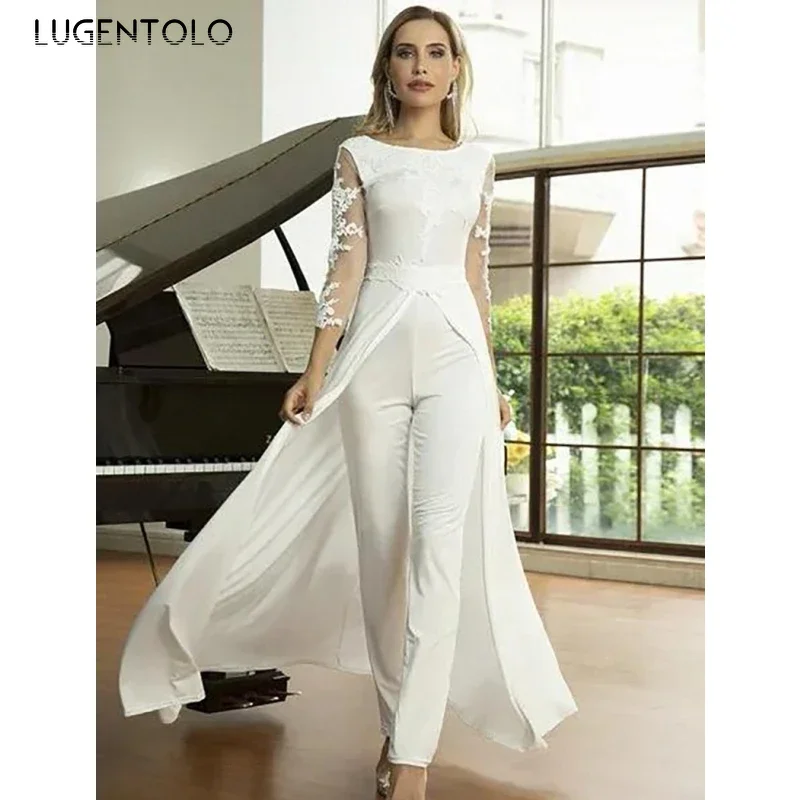 Elegant Jumpsuits Women Perspective Long Sleeve Lace White Lady Straight High Waist Spring Fake 2 Pieces Jumpsuit Lugentolo