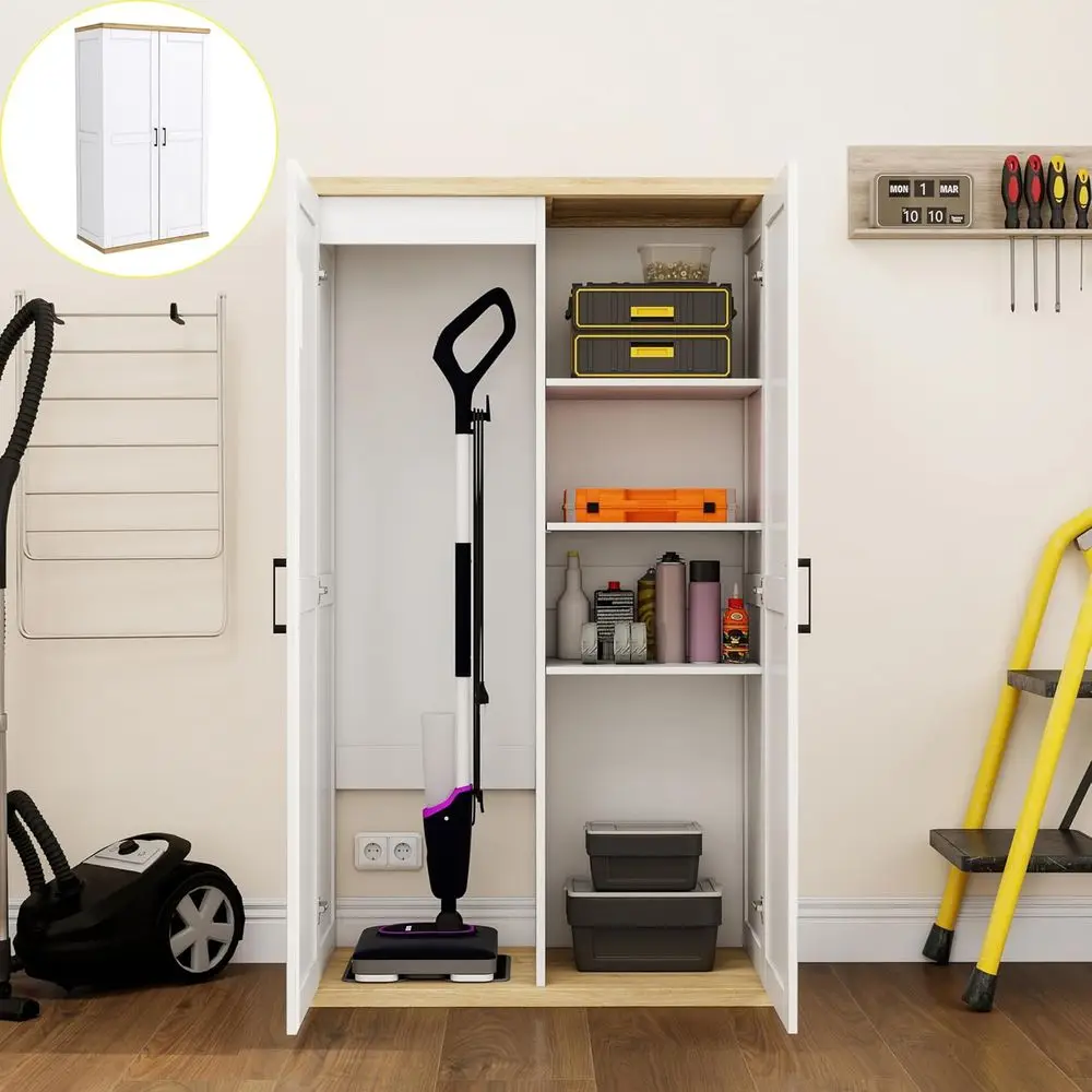 55 Tall Broom Closet Storage Cabinet or Vacuum Cleaner & Floor Scrubbers with 2 Doors Adjustable Shel, Cleaning Supply Cabinet w