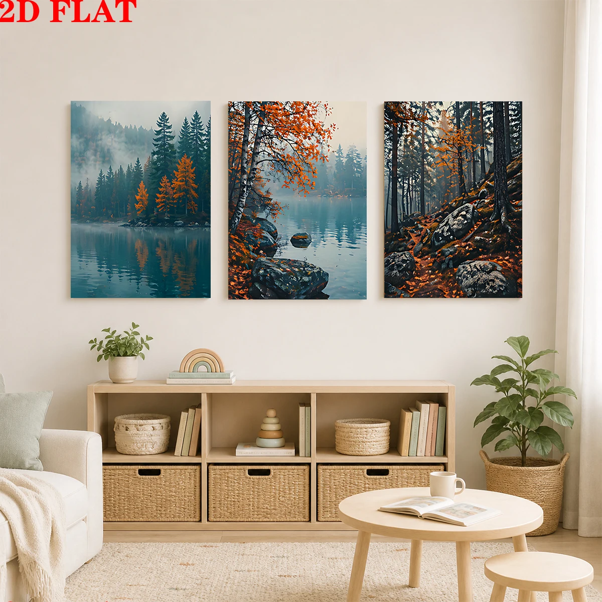 Frameless 3PCS 2D Flat- Autumn forest lake peaceful nature paintings themed canvas wall art print - room decor, suitable for
