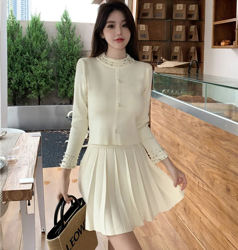 

Autumn Elegant 2 Piece Women Outfits Casual Beading Knit Pullover Sweater Skirt Sets Pleated A-Line High Waist Mini Skirt Set
