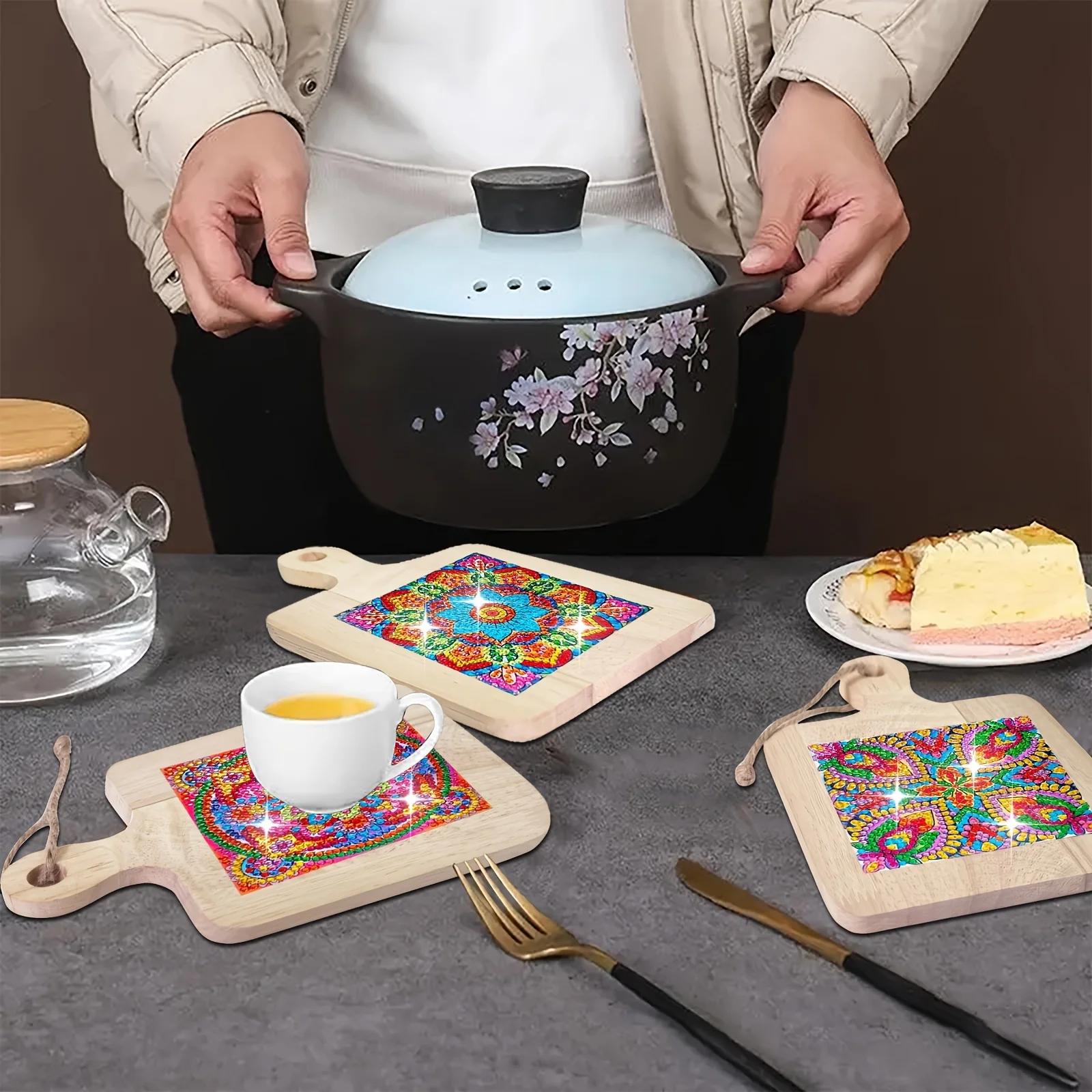 4 قطعة الوقايات كأس اللوحة الماسية خشبية ملونة ماندالا نمط مقاومة للحرارة شرب الحصير ديكور مطبخ المنزل فريد اليدوية #3